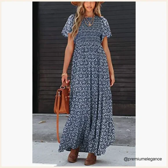 Flutter Sleeve Smocked Maxi Dress Tiered Floral Boho Summer Casual - Picture 4 of 7